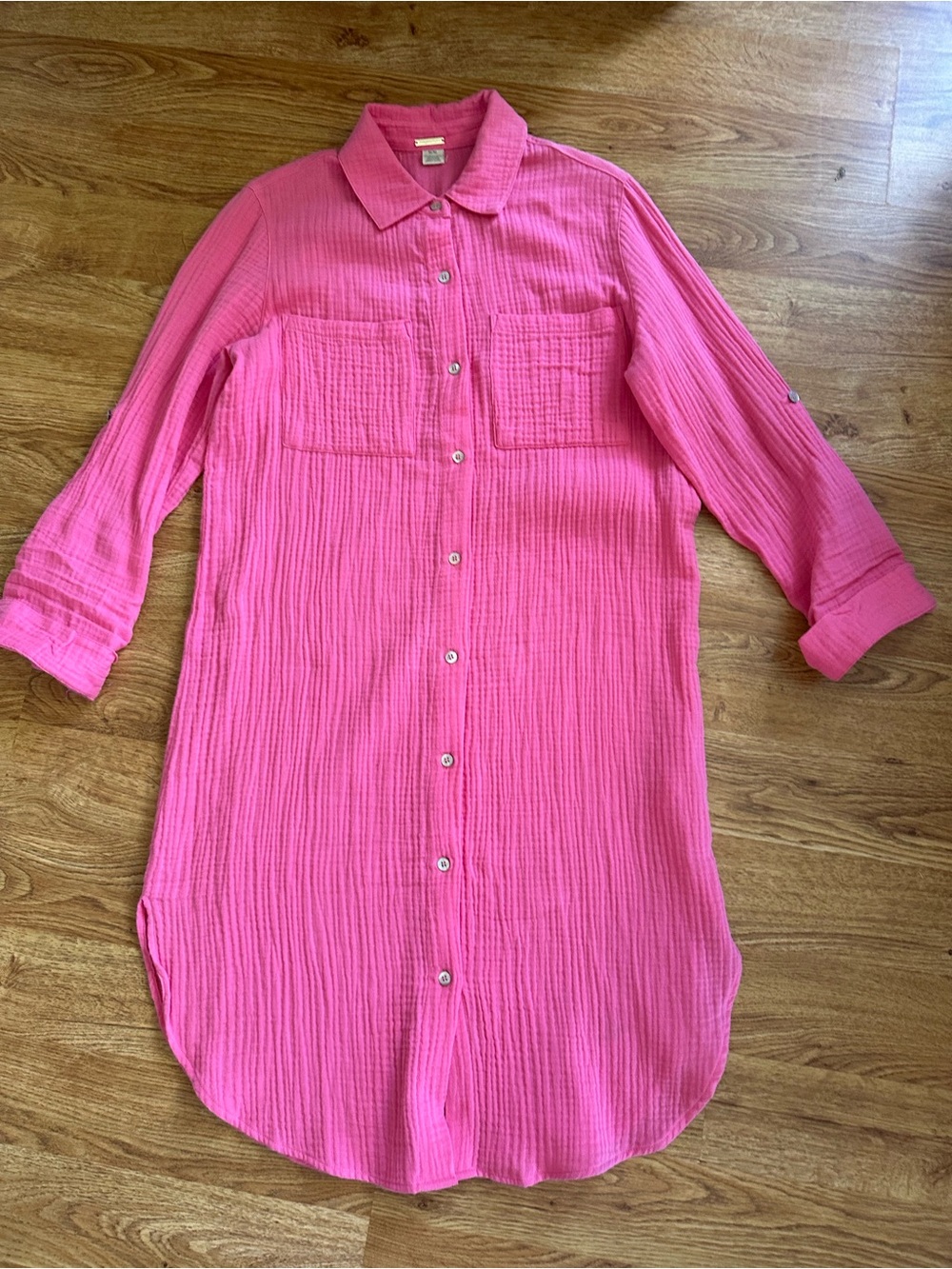 Magaschoni Barbie Hot Pink Cotton Gauze Midi Shirt Dress M